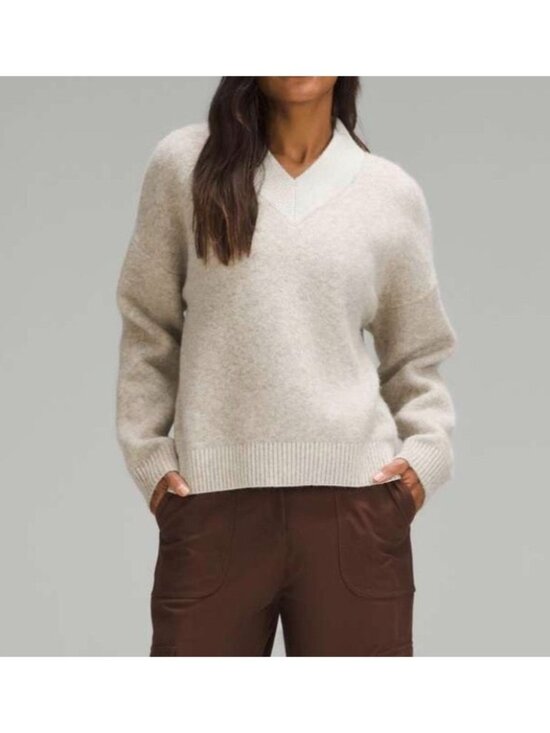 lululemon athletica Sweaters - Lululemon Alpaca Wool Blend V-Neck Sweater Beige Womens XL Heathered White Opal